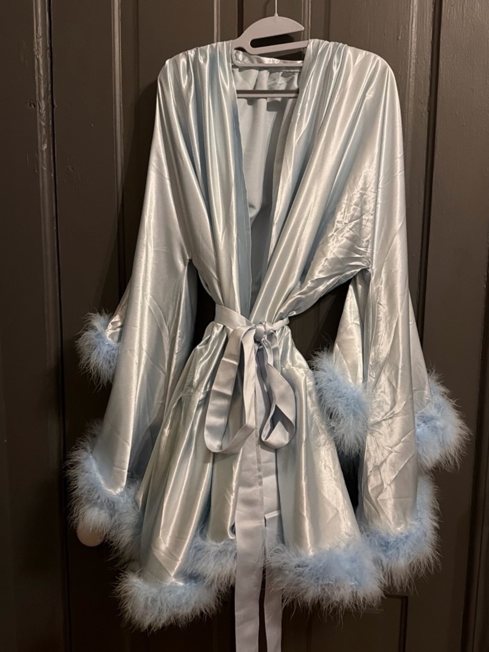 Silky Light Blue Marabou-Trim Robe